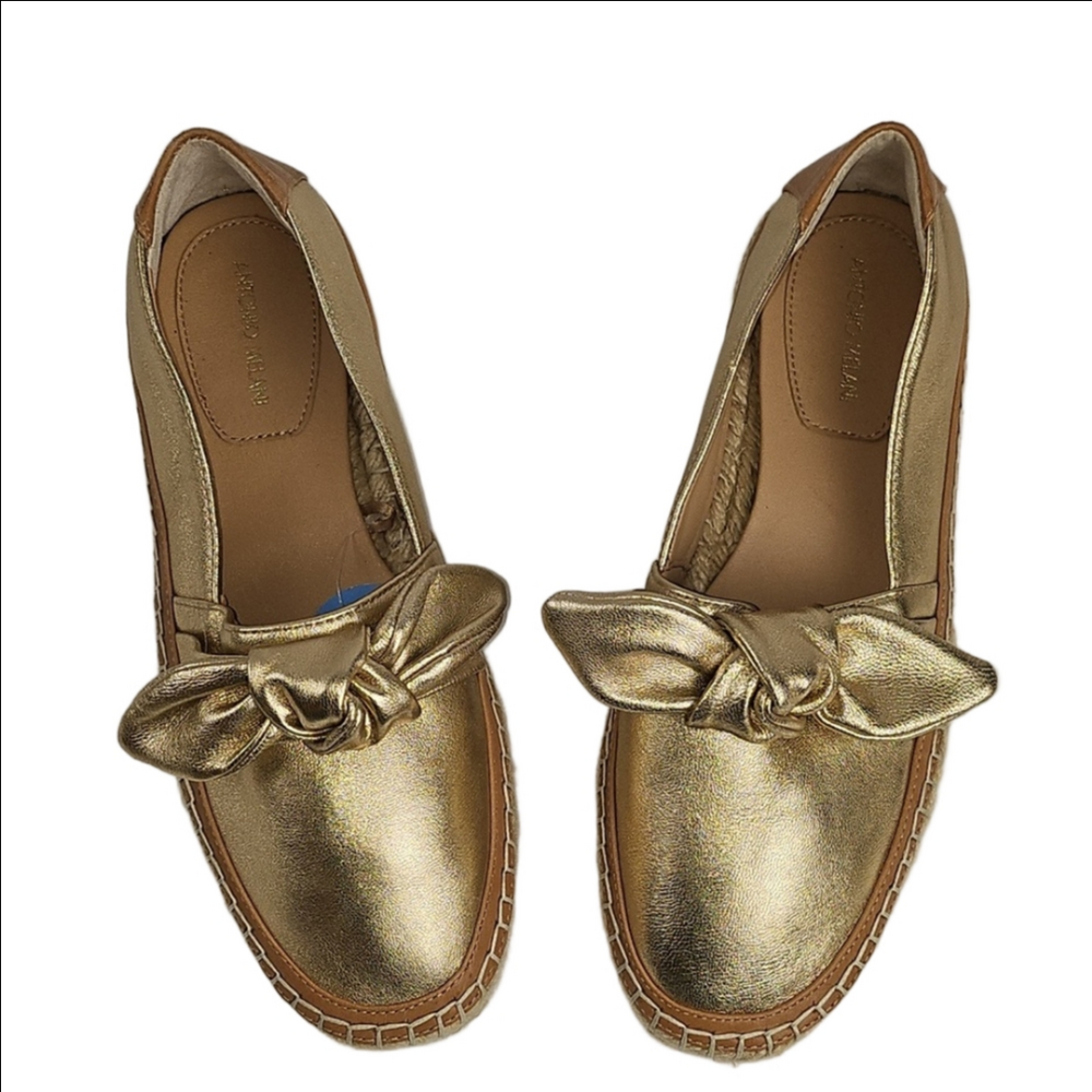 NWT Antonio Melani Locklinn Gold Metallic Leather Knotted Bow Espadrille Flat